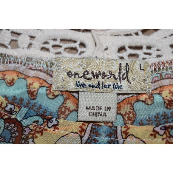 One World Sleeveless Top Large Crochet Shoulders High-Low Hem Sheer Boho Hippie - Picture 4 of 16